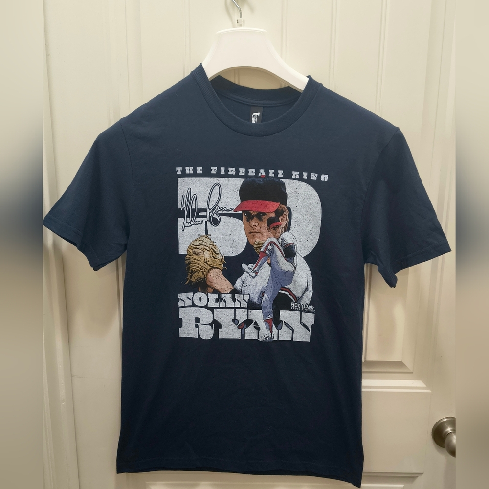 Nolan Ryan #34 Fireball King 500 Level Caricature Tee Navy M NWT